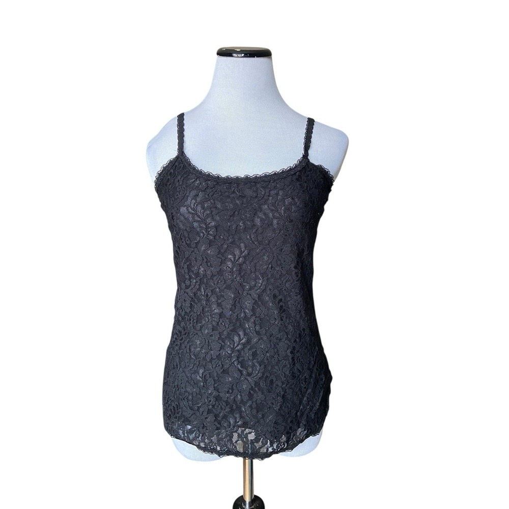 Y2K Lace Fitted Cami Top Size S Black‎ Sheer Coquette Going Out Layering Stretch